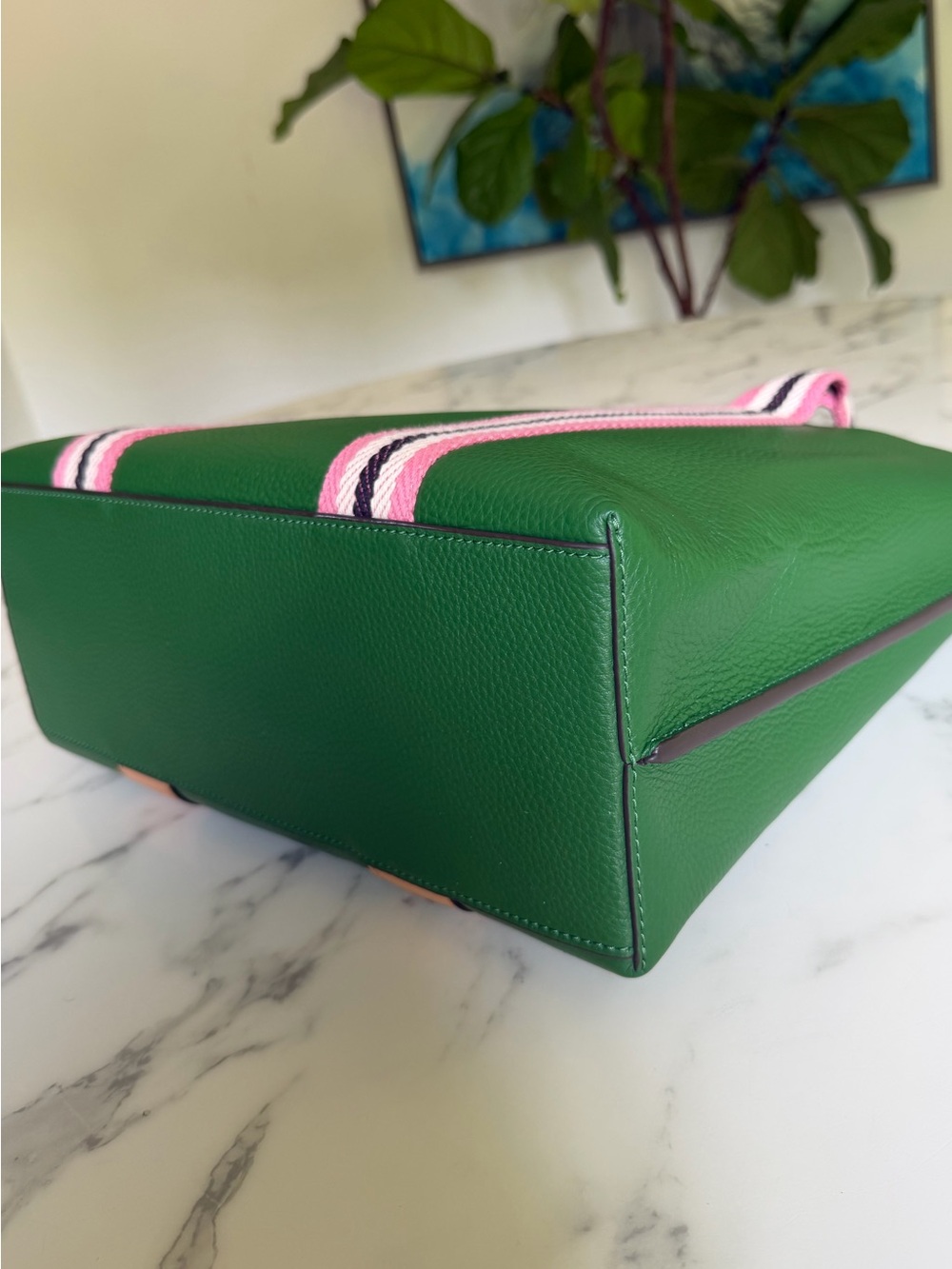 NWT Tory Burch Perry Multi Stripe Leather Triple Compartment Tote Arugula Green - Picture 9 of 16